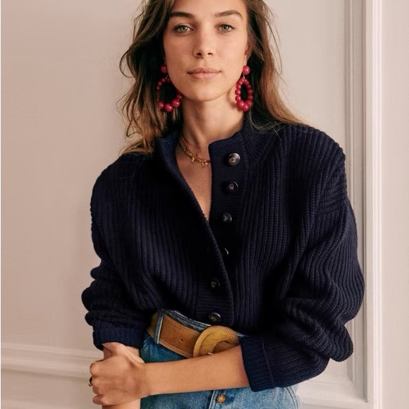 Sézane Lucas Navy Rib-Knit Button-Up Crew Sweater Medium - Picture 4 of 12